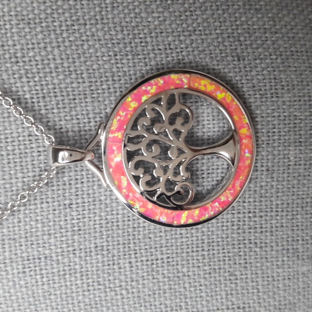 Tree of Life Women 18K White Gold Plated Pink Opal Pendant 18 inch Chain…
